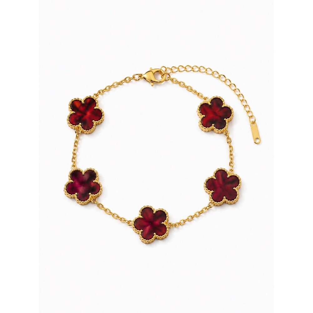18K Gold Red Ruby Clover Bracelet Lucky Flower Charm Chain Bracelet 6.5-8.5”